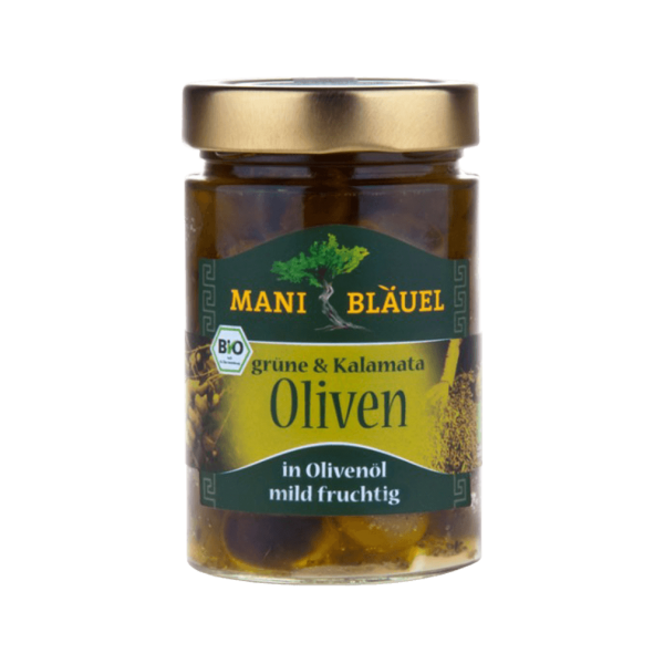 Mani Økologiske grønne oliven og Kalamata oliven, i olivenolie med urter