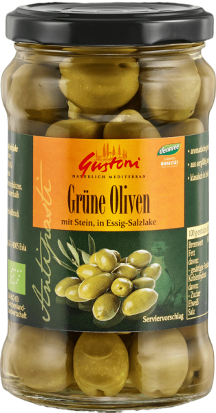 Gustoni Bio Grüne Oliven, mit Stein, in Essig-Salzlake