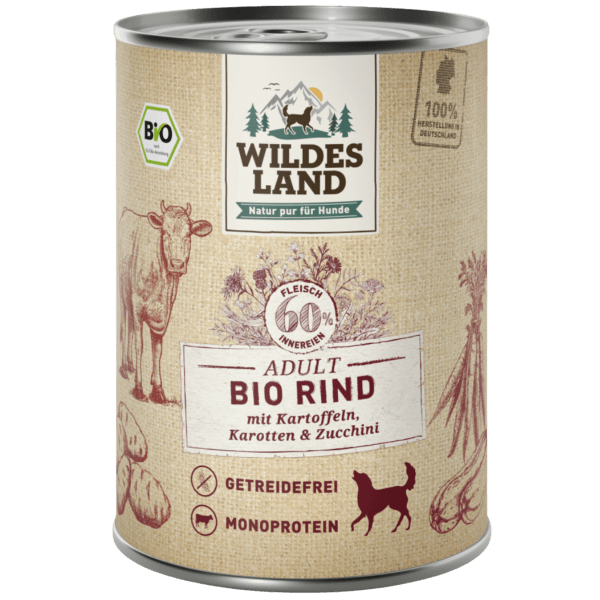 Wildes Land Bio Hunde Nassfutter Rind mit Kartoffeln, Karotten &amp; Amaranth, 400 g Dose