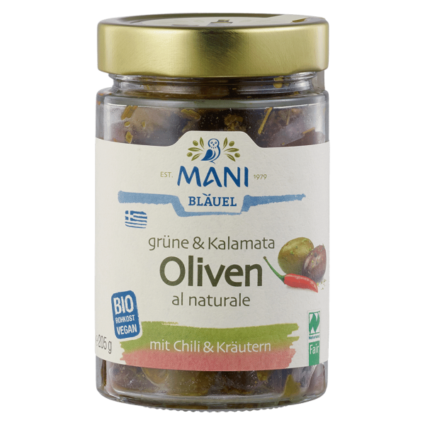 Mani Økologiske grønne oliven og Kalamata-oliven, chili og krydderurter