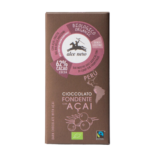 Alce Nero Bio Zartbitterschokolade 62% mit Açai-Beeren aus biologischem Anbau, 50g