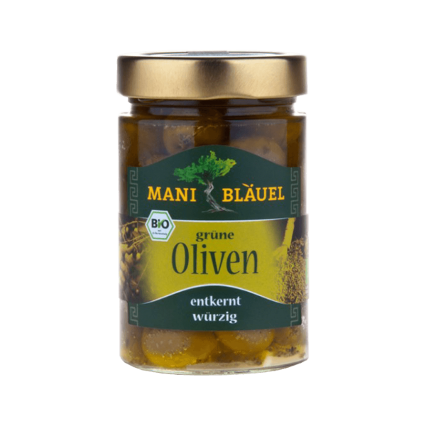 Mani Økologiske grønne oliven, udstenet i saltlage