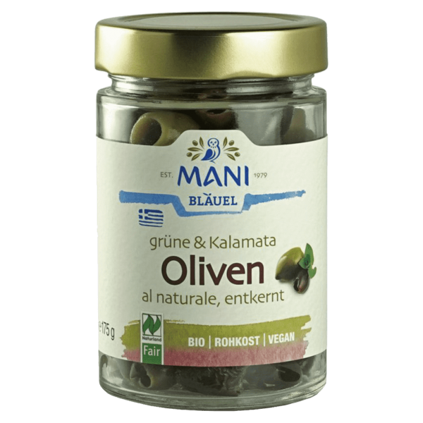 Mani Økologiske grønne oliven og Kalamata-oliven