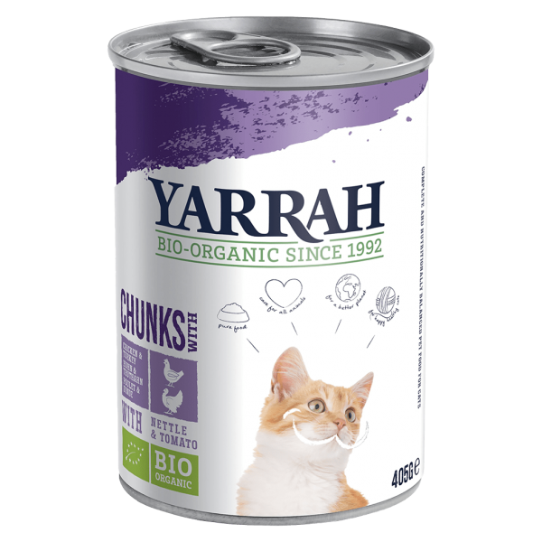 Yarrah Økologisk kattefoder Kylling &amp; kalkunstykker, 405 g dåse