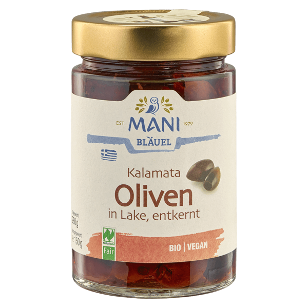 Mani Økologiske Kalamata-oliven, udstenet i saltlage