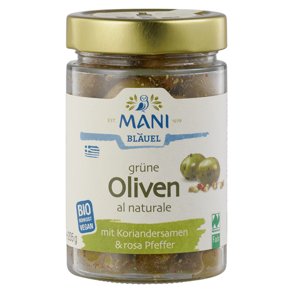 Mani Økologiske oliven med korianderfrø og pink peber