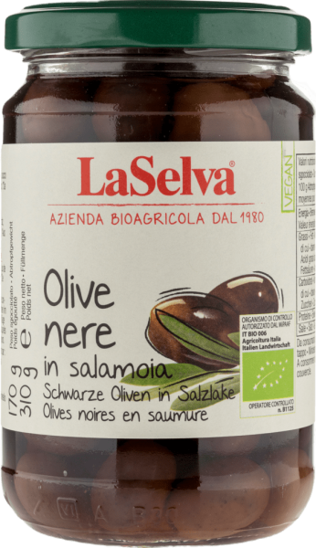 LaSelva Bio Schwarze Oliven, mit Stein, in Salzlake