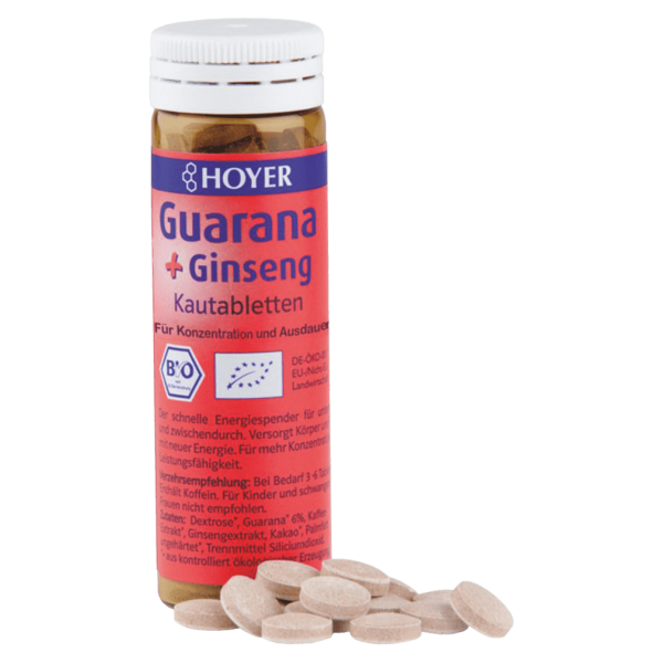 Hoyer Økologiske Guarana + Ginseng tyggetabletter 60 stk.