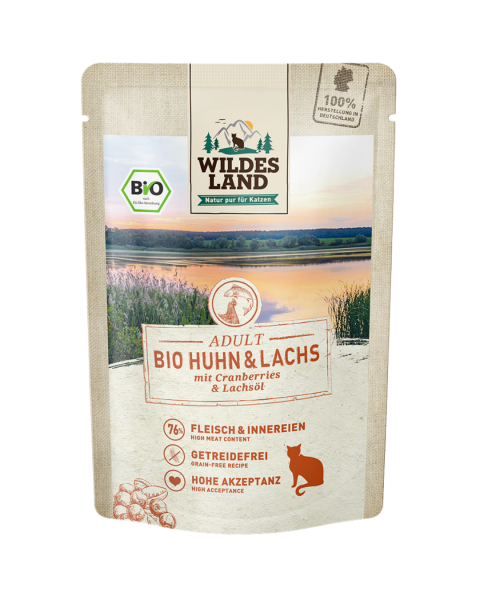 Wildes Land Bio Katzen Nassfutter Huhn &amp; Lachs, 85 g Beutel