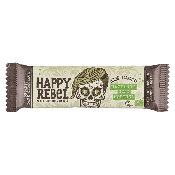 Happy Rebel Økologisk chokoladebar Hasselnød Goji Moringa