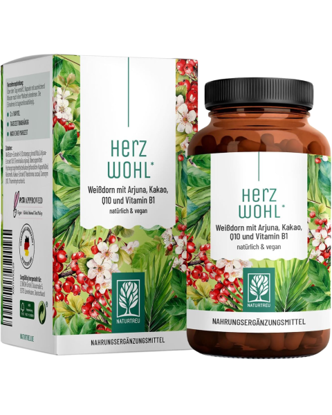 Naturtreu Herzwohl Weißdorn mit Arjuna, Kakao, Q10 und Vitamin B1, 60 Kapseln