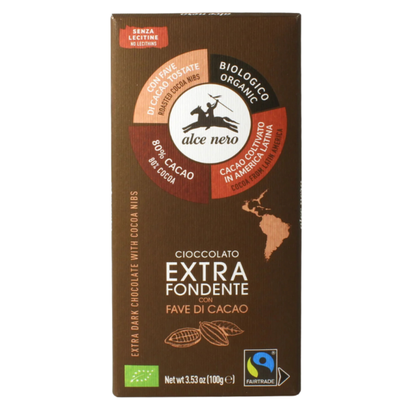 Alce Nero Økologisk mørk chokolade 80 % med kakaonibs, 100g