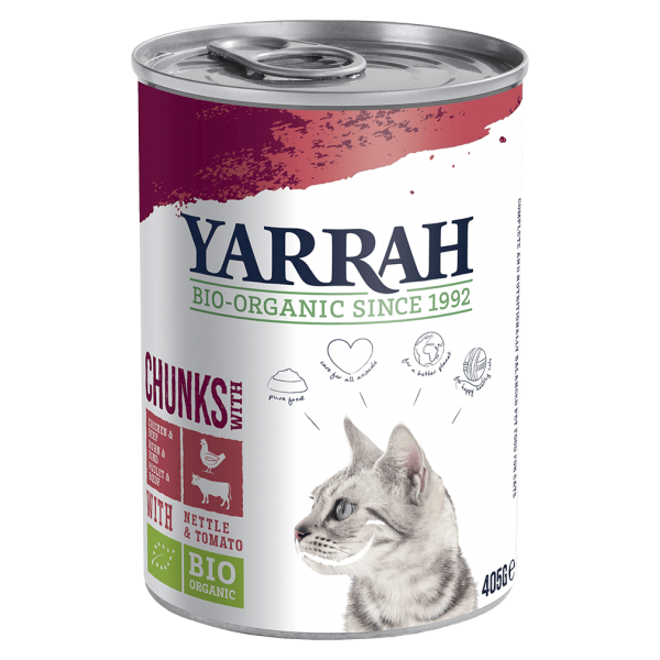 Yarrah Økologisk kattefoder med kylling og oksekød i stykker