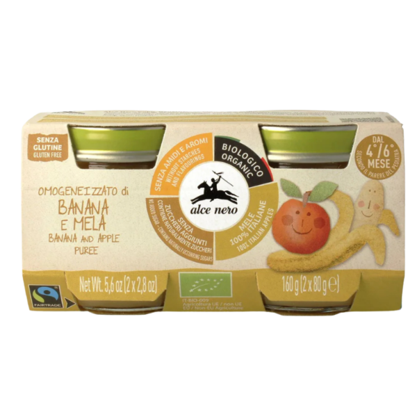 Alce Nero Økologisk babymad banan &amp; æble, 2 x 80g