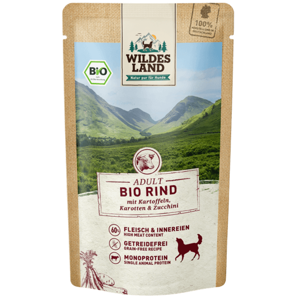 Wildes Land Bio Hunde Nassfutter Rind mit Kartoffel, 125 g Beutel