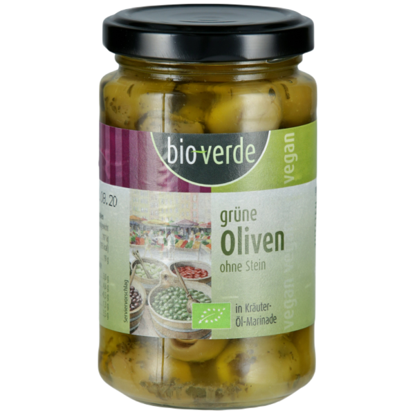 Bio-Verde Økologiske grønne oliven uden sten med friske krydderurter