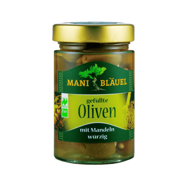 Mani Økologiske oliven fyldt med mandler i saltlage
